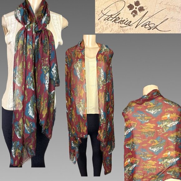 Patricia Nash Maroon-Teal Montana Prarie Skies Print Self Fringe Edges Scarf - Picture 1 of 8